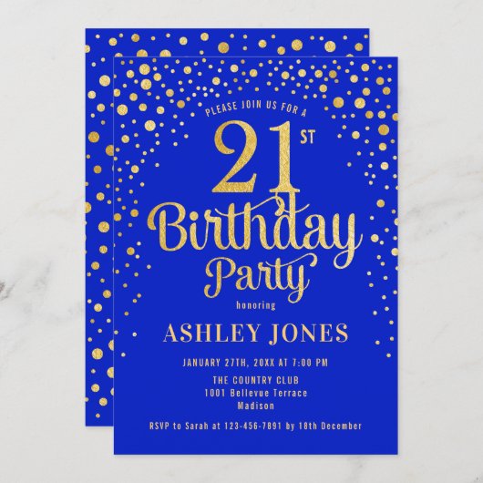 21ste verjaardagsfeestje - Royal Blue & Gold Kaart (Voorkant / Achterkant)