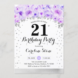 21ste verjaardagsfeestje - zilveren paarse bloemen kaart