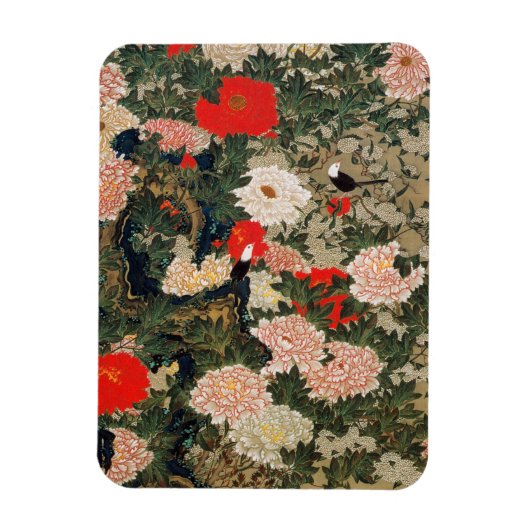22. 牡 小 図, 若 冲 Peonies en kleine vogels, Jakuchüu Magneet (Verticaal)