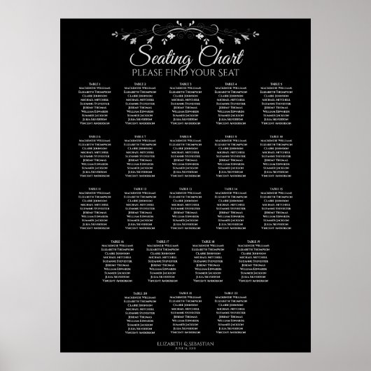 22 Tabel Elegant Black Wedding Seating Chart Poster (Voorkant)