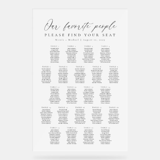 22 Tables Favorite People Acrylic Seating Chart (Recto)