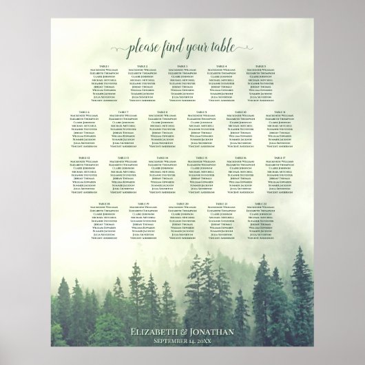 22 Tafel Green Pine Trees Wedding Seating Chart Poster (Voorkant)