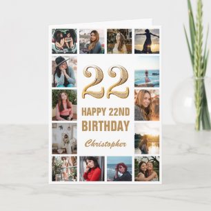 22e Happy Birthday Gold en White Photo Collage Kaart