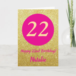 22e Happy Birthday Hot Pink en Gold Glitter Kaart