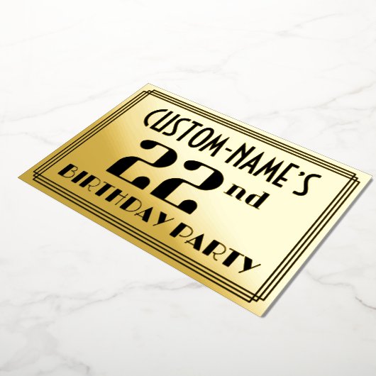 22e verjaardag: Art Deco Kijk "22" en naam Folie Uitnodiging (Gedraaid)