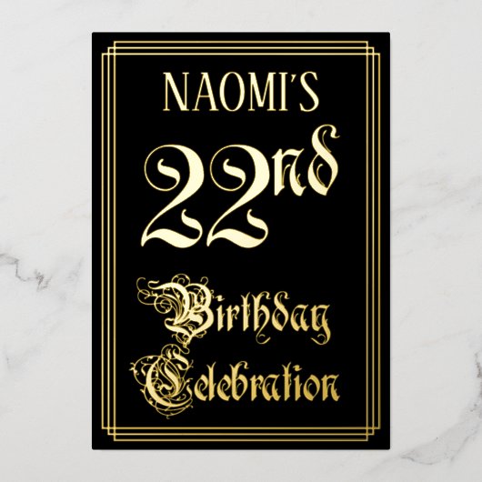 22e verjaardag — Fancy script en aangepaste naam Folie Uitnodiging (Voorkant)