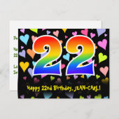 22e verjaardag: Fun Hearts Pattern, Rainbow 22 Briefkaart (Voorkant / Achterkant)