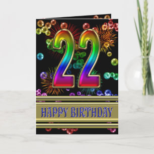 22e verjaardag met regenboogbubbels en vuurwerk kaart