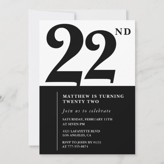 22e verjaardag uitnodigingen Zwart en Wit Elegant (Voorkant)