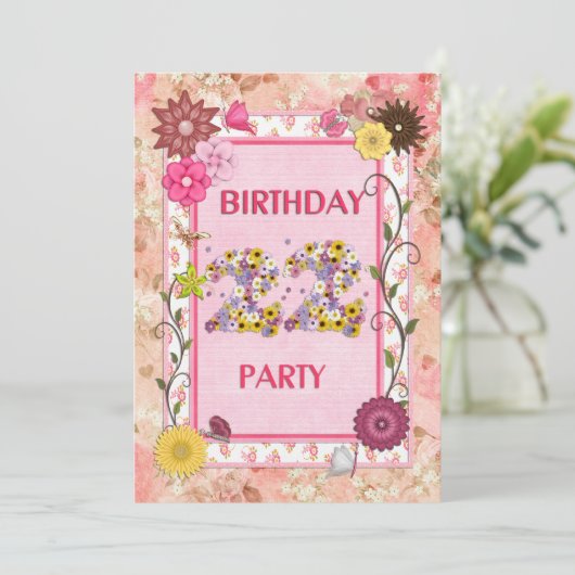 22e verjaardagsfeestje met bloemenfeest lijst kaart (Staand voorkant)