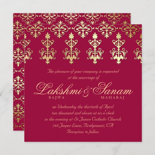 232 Invitation de mariage indien Damassé Or Automn (Devant / Derrière)