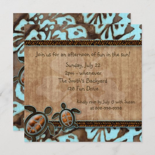 232 Invitation fête Luau Tortue Bleu Marron (Devant / Derrière)