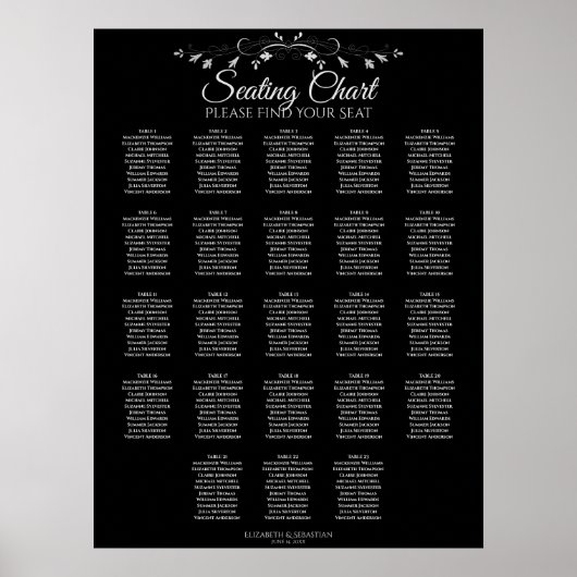 23 Tabel Elegant Black Wedding Seating Chart Poster (Voorkant)