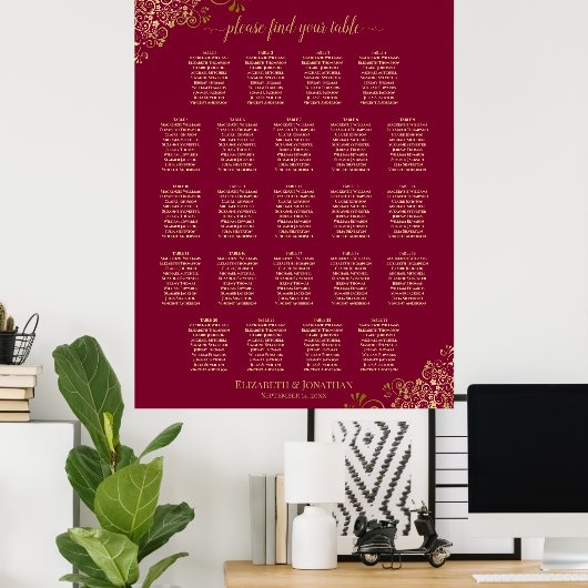 23 Tableau Élégant Burgundy & Gold Seating Chart (Bureau à domicile)