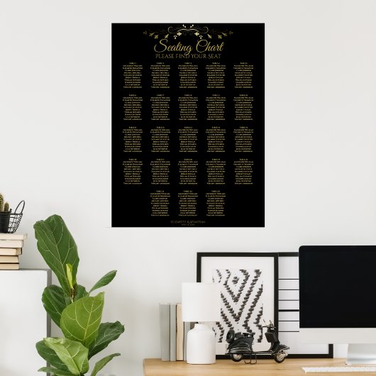 23 Tafel Gold Black Elegant Wedding Seating Chart Poster (Thuiskantoor)