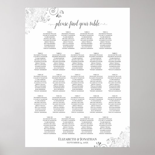 23 Tafel Lacy Silver Frills Wedding Seating Chart Poster (Voorkant)