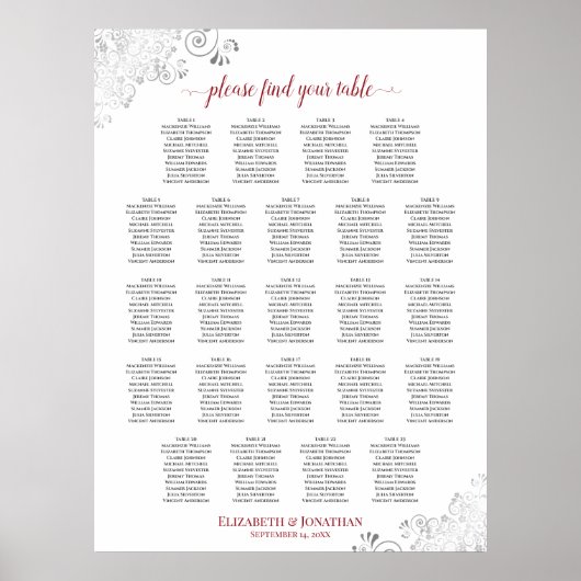 23 Tafel Lacy Silver Wedding Seating Chart Red Poster (Voorkant)