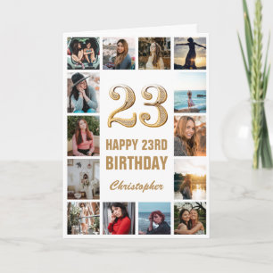 23e Happy Birthday Gold en White Photo Collage Kaart