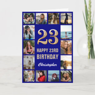 23e Happy Birthday Navy Blue & Gold Photo Collage Kaart