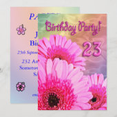 23e uitnodiging van de Birthday party met roze blo (Voorkant / Achterkant)