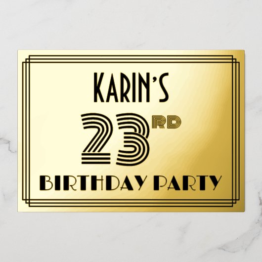 23e verjaardag — Art Deco Style "23" en naam Folie Uitnodiging (Voorkant)