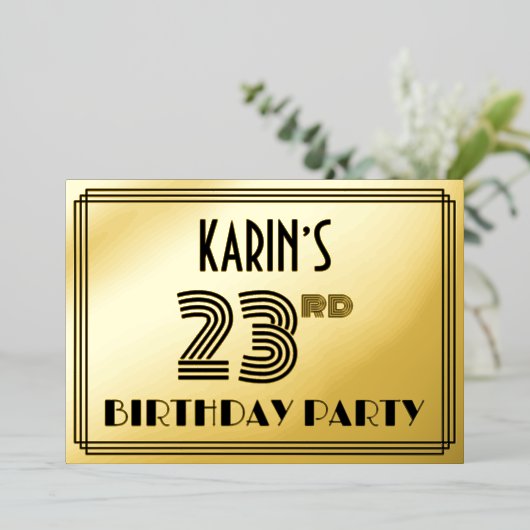 23e verjaardag — Art Deco Style "23" en naam Folie Uitnodiging (Staand Voorkant)