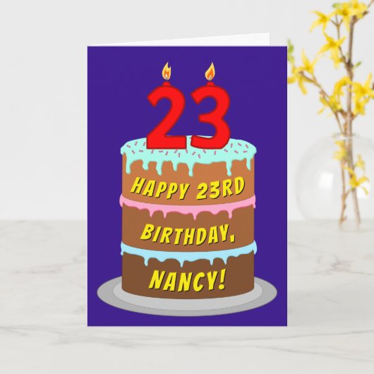 23e verjaardag: Fun Cake and Candles + Custom Name Kaart (Gele Bloem)