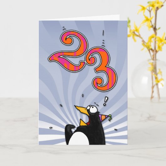 23e verjaardag - Penguin Surprise Kaart (Gele Bloem)