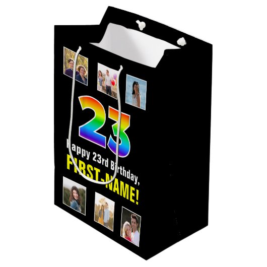 23e verjaardag: Regenboog "23", aangepaste foto's  Medium Cadeauzakje (Voorkant Gekanteld)