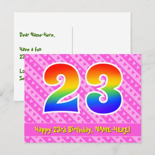 23e verjaardag: Roze strips en harten, regenboog 2 Briefkaart (Voorkant / Achterkant)