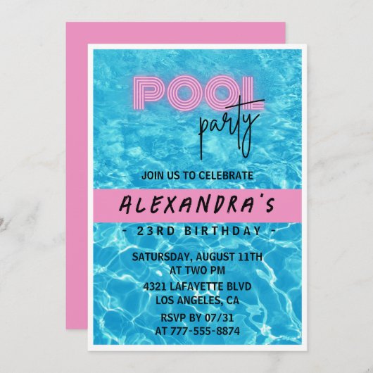 23e verjaardag uitnodiging voor haar Pool Party Su (Voorkant / Achterkant)