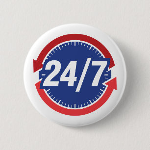 24/7 Uur Symbool met Klok en Tijdpijlen Ronde Button 5,7 Cm