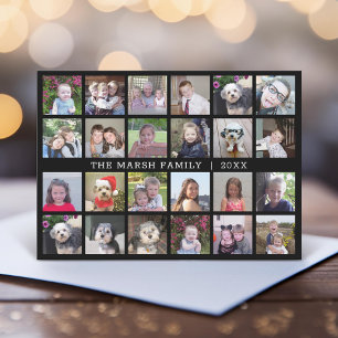 24 Foto Collage met Familienaam Datum - zwart Feestdagenkaart