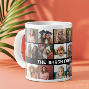 24 Fotocollage met Familienaam Datum zwart Extra Grote Beker
