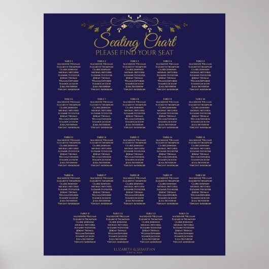 24 Tableau Chic Gold & Navy Mariage Seating Chart (Devant)