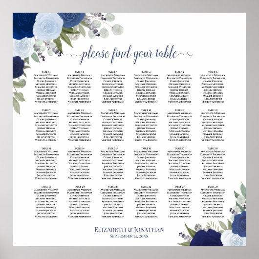24 Tableau Élégant Bleu Rose Mariage Siège (Devant)