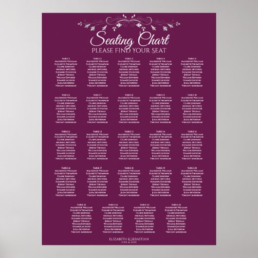 24 Tafel Elegant Cassis Wedding Seating Chart Poster (Voorkant)