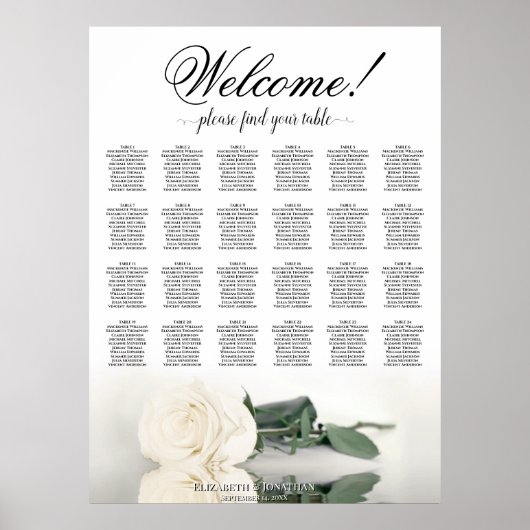 24 Tafel Wit Rose Elegant Bruiloft Zitgrafiek Poster (Voorkant)