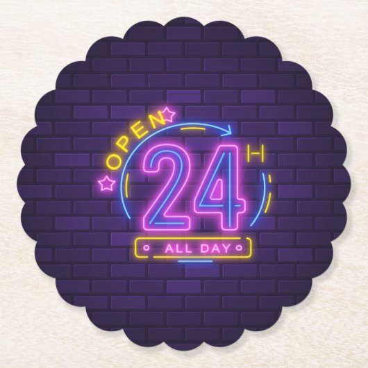 24 uur Open Neon Teken Templet Kartonnen Onderzetters (Voorkant)