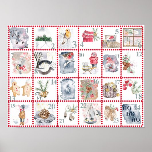 24 Verschillende Aquarel Afbeeldingen Adventkalend Poster (Voorkant)