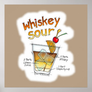 24" X 24" POSTER, WHISKEY SOUR RECEPT COCKTAIL KUN POSTER