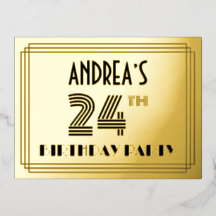 24e geboortedag ~ Art Deco Style "24" + Naam Folie Uitnodiging Briefkaart