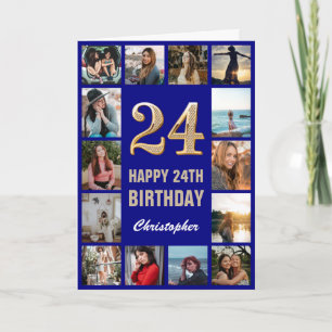 24e Happy Birthday Navy Blue & Gold Photo Collage Kaart