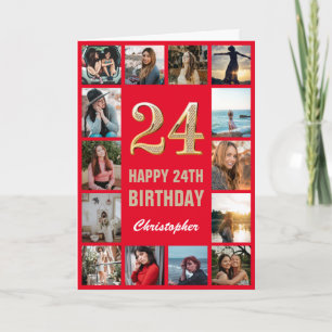 24e Happy Birthday Red en Gold Photo Collage Kaart