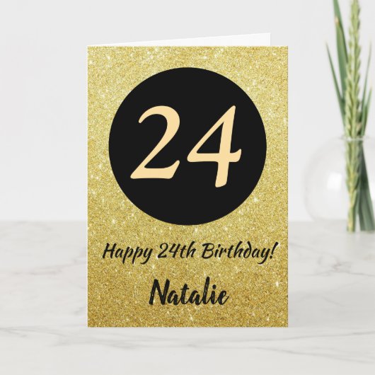 24e Happy Birthday Zwart en Goud Glitter Kaart (Voorkant)