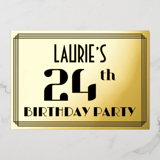 24e verjaardag: Art Deco Kijk "24" en naam Folie Uitnodiging (Voorkant)