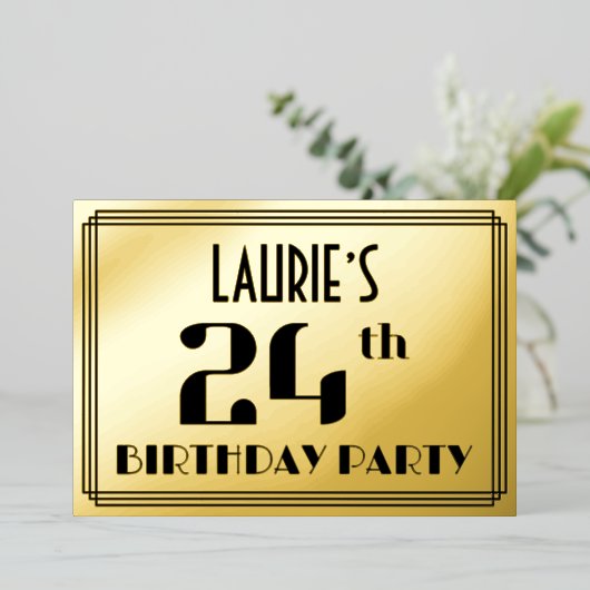 24e verjaardag: Art Deco Kijk "24" en naam Folie Uitnodiging (Staand Voorkant)