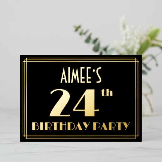 24e verjaardag: Art Deco Kijk "24", met naam Folie Uitnodiging (Staand Voorkant)
