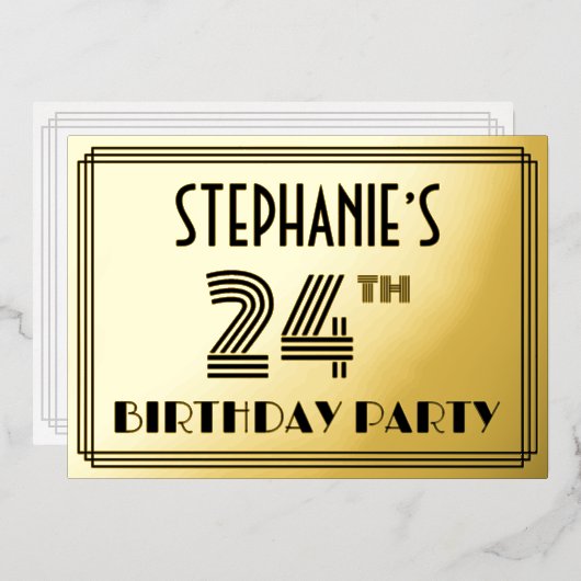 24e verjaardag — Art Deco Style "24" en naam Folie Uitnodiging (Voorkant / Achterkant)