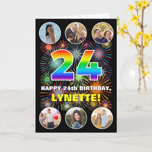 24e verjaardag: Fun Rainbow #, aangepaste naam & f Kaart (Gele Bloem)